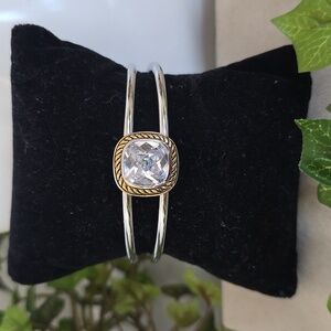 Silver Steel Open Cuff Bracelet with CZ Clear Crystal Stone